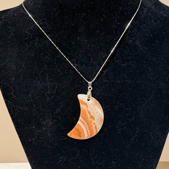Genuine Orange Banded Agate Pendant,Large Natural Gemstone Crescent Moon Pendant - Picture 9 of 12
